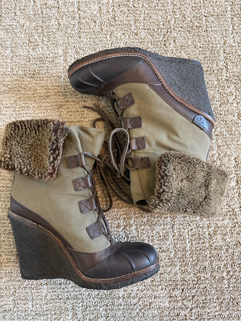 Tory Burch Olive and Brown Wedge Lace-Up Ankle Boots - 8.5